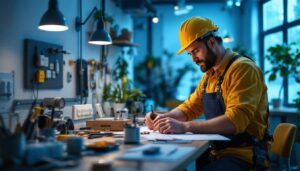 A photograph of a lighting contractor working diligently in a well-lit
