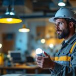 A photograph of a lighting contractor assessing a brightly lit workspace