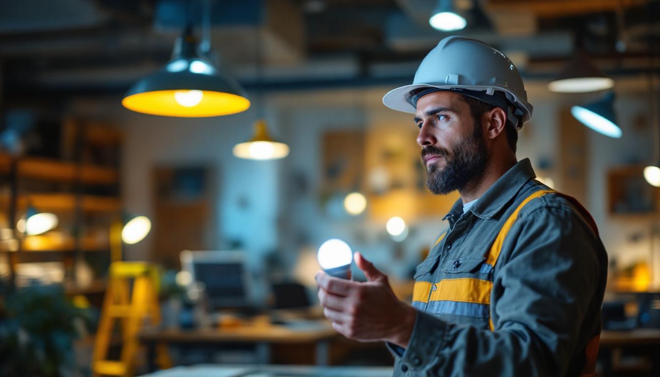 A photograph of a lighting contractor assessing a brightly lit workspace
