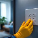 A photograph of a skilled lighting contractor installing a duplex wall outlet in a stylishly designed room