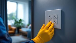 A photograph of a skilled lighting contractor installing a duplex wall outlet in a stylishly designed room
