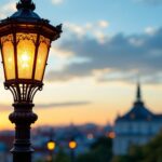 A photograph of a beautifully designed lamp post in a picturesque urban setting