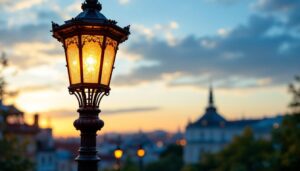 A photograph of a beautifully designed lamp post in a picturesque urban setting
