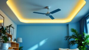 A photograph of a stylishly designed room featuring a modern ceiling fan that enhances both the lighting and overall aesthetic