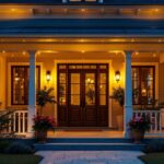 A photograph of a beautifully illuminated exterior porch featuring stylish hanging lights
