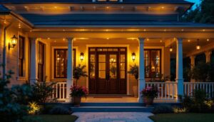 A photograph of a beautifully illuminated exterior porch featuring stylish hanging lights
