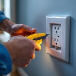 A photograph of a lighting contractor expertly installing a receptacle box extension in a residential setting