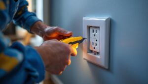 A photograph of a lighting contractor expertly installing a receptacle box extension in a residential setting
