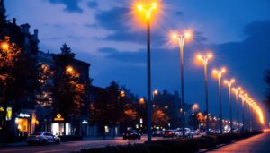 A photograph of a well-lit urban scene showcasing a row of sleek steel light poles illuminating a bustling street at dusk