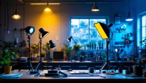 A photograph of a well-lit workshop scene featuring a variety of modern