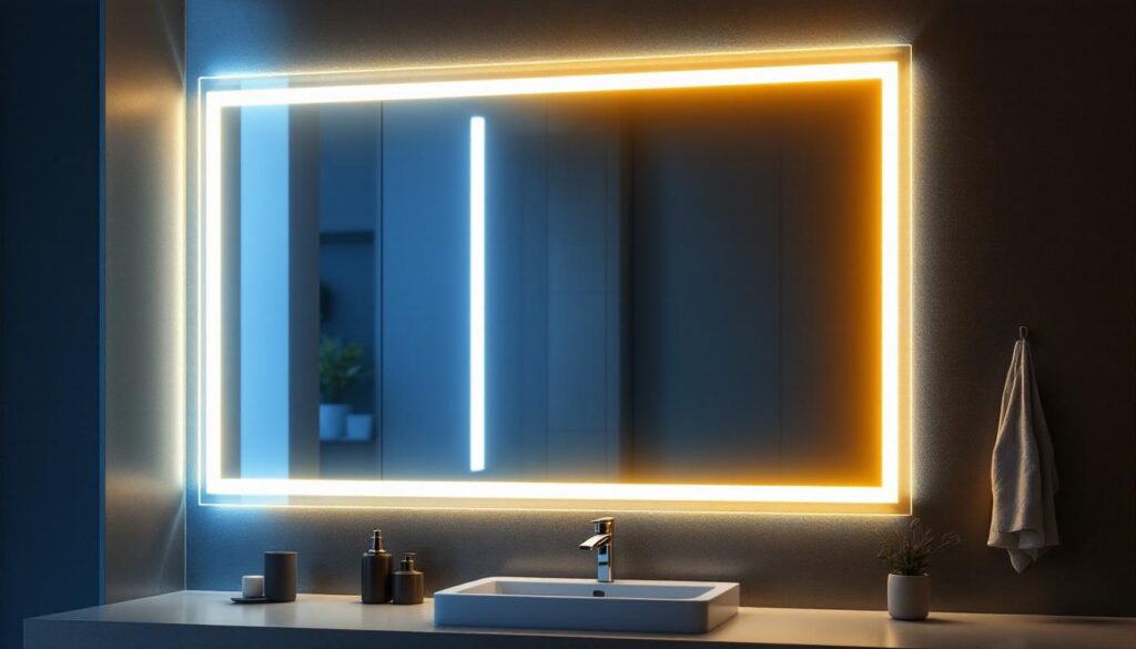 A photograph of a beautifully illuminated bathroom mirror featuring sleek led lights