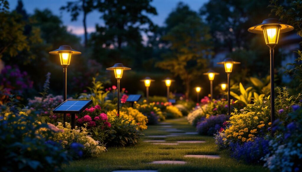 A photograph of a beautifully illuminated garden at dusk