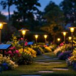 A photograph of a beautifully illuminated garden at dusk