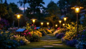A photograph of a beautifully illuminated garden at dusk