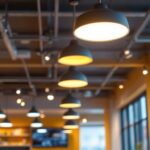 A photograph of a well-lit commercial space featuring sleek led ceiling light fixtures in action