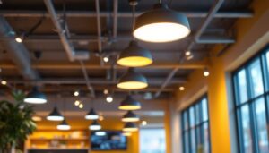 A photograph of a well-lit commercial space featuring sleek led ceiling light fixtures in action
