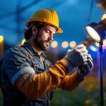 A photograph of a skilled lighting contractor in action