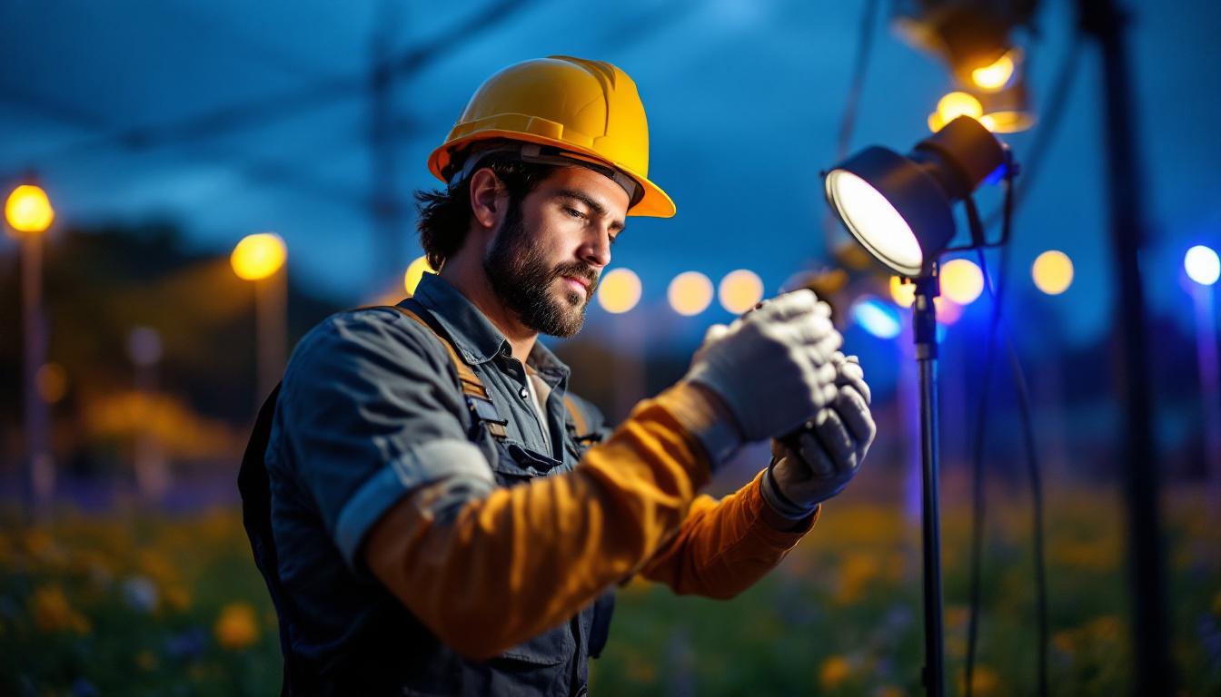 A photograph of a skilled lighting contractor in action