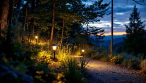 A photograph of a lighting contractor expertly installing trail lighting in a scenic outdoor setting