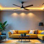 A photograph of a stylishly arranged living room featuring a modern ceiling fan