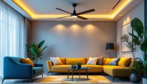 A photograph of a stylishly arranged living room featuring a modern ceiling fan