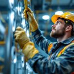 A photograph of a lighting contractor expertly installing or adjusting high-intensity discharge (h.i.d.) lights in an industrial or commercial setting