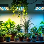 A photograph of a well-lit indoor gardening setup featuring various plants under different types of grow lamps