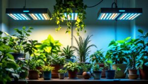 A photograph of a well-lit indoor gardening setup featuring various plants under different types of grow lamps