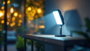 A photograph of a well-lit indoor or outdoor setting showcasing a sleek led light with battery backup in use