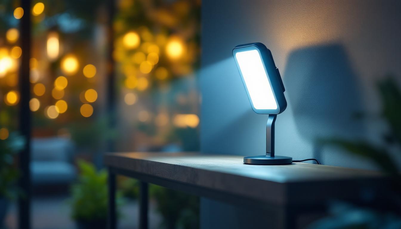 A photograph of a well-lit indoor or outdoor setting showcasing a sleek led light with battery backup in use
