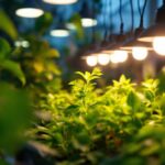 A photograph of a lighting contractor installing led grow bulbs in a vibrant indoor garden setting