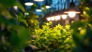 A photograph of a lighting contractor installing led grow bulbs in a vibrant indoor garden setting