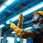 A photograph of a lighting contractor expertly installing or adjusting fluorescent lights in a commercial space