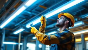 A photograph of a lighting contractor expertly installing or adjusting fluorescent lights in a commercial space