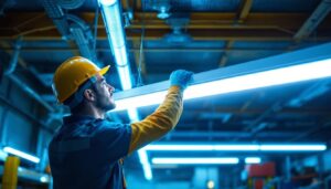 A photograph of a lighting contractor installing or inspecting a fluorescent tube light in a commercial setting