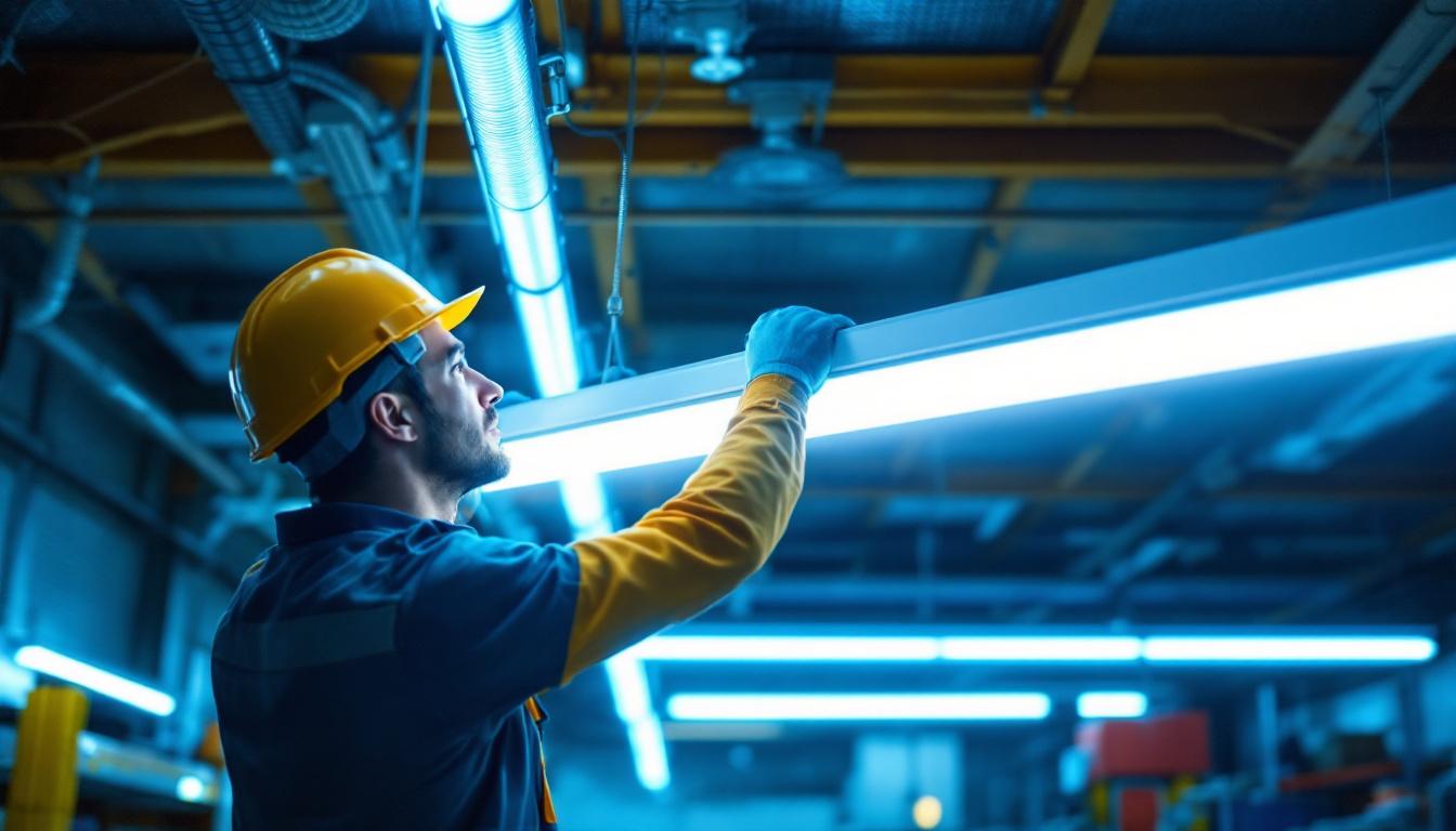 A photograph of a lighting contractor installing or inspecting a fluorescent tube light in a commercial setting