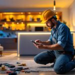 A photograph of a skilled contractor installing smart lighting systems in a modern residential setting