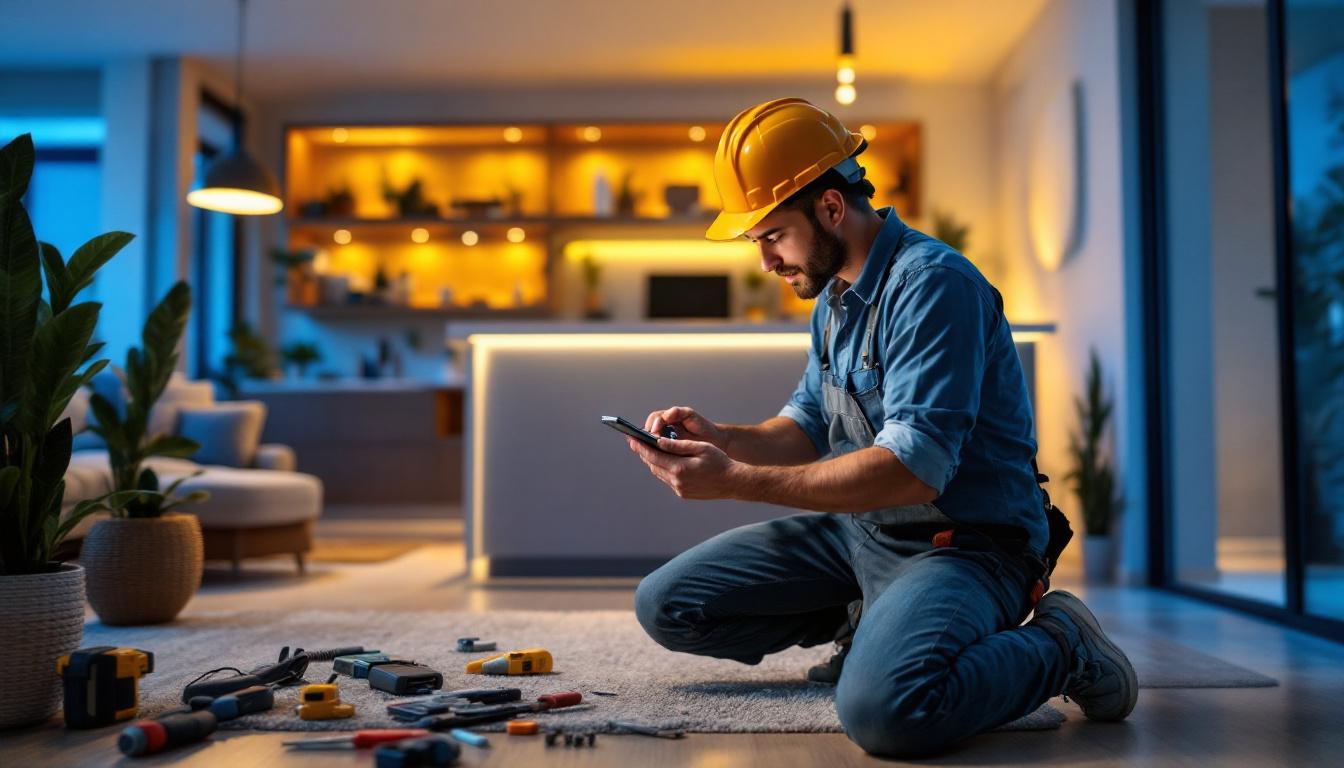 A photograph of a skilled contractor installing smart lighting systems in a modern residential setting