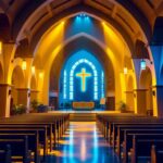 A photograph of a well-lit church interior showcasing various lighting fixtures and their effects on the ambiance