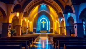 A photograph of a well-lit church interior showcasing various lighting fixtures and their effects on the ambiance