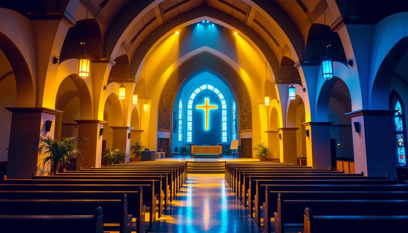 A photograph of a well-lit church interior showcasing various lighting fixtures and their effects on the ambiance