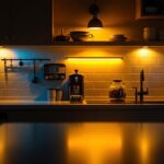 A photograph of a beautifully illuminated kitchen cabinet showcasing various types of interior lighting solutions