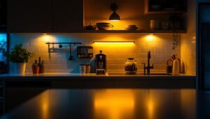 A photograph of a beautifully illuminated kitchen cabinet showcasing various types of interior lighting solutions