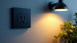A photograph of a sleek black electric outlet installed in a modern