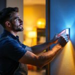 A photograph of a lighting contractor expertly installing a smart light switch in a modern home setting