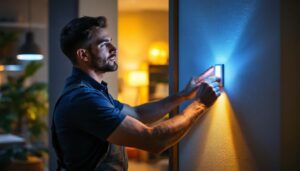 A photograph of a lighting contractor expertly installing a smart light switch in a modern home setting