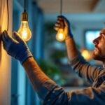 A photograph of a lighting contractor skillfully installing an a21 light bulb in a modern residential setting