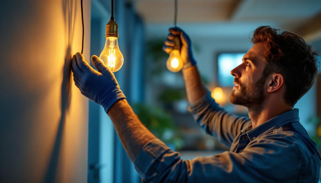 A photograph of a lighting contractor skillfully installing an a21 light bulb in a modern residential setting