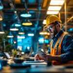 A photograph of a lighting contractor inspecting a well-lit workspace