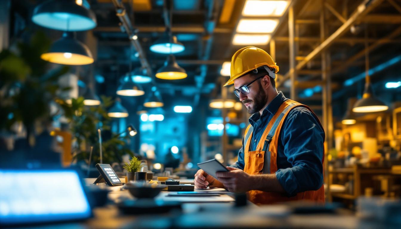 A photograph of a lighting contractor inspecting a well-lit workspace